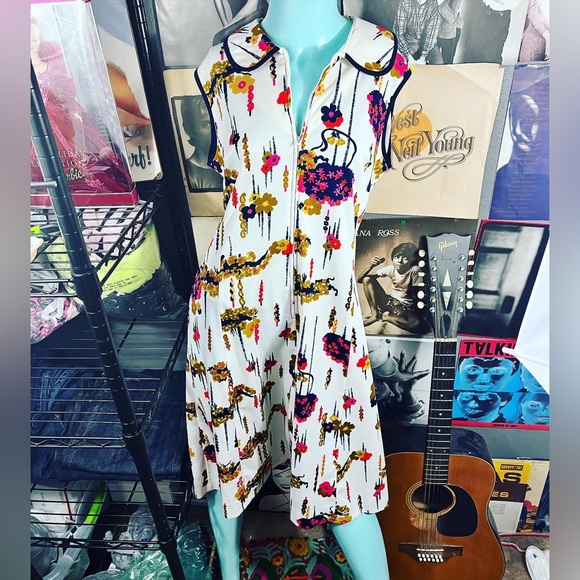 🔥VINTAGE MOD 1960’s TWIGGY STYLE FLORAL RETRO DRESS L/XL - Picture 4 of 9